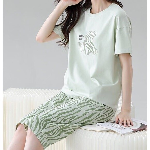 100% Cotton Women Capri Pajama Set 2 Pcs Short Sleeve Top Capris pants Sleepwear - Picture 9 of 9